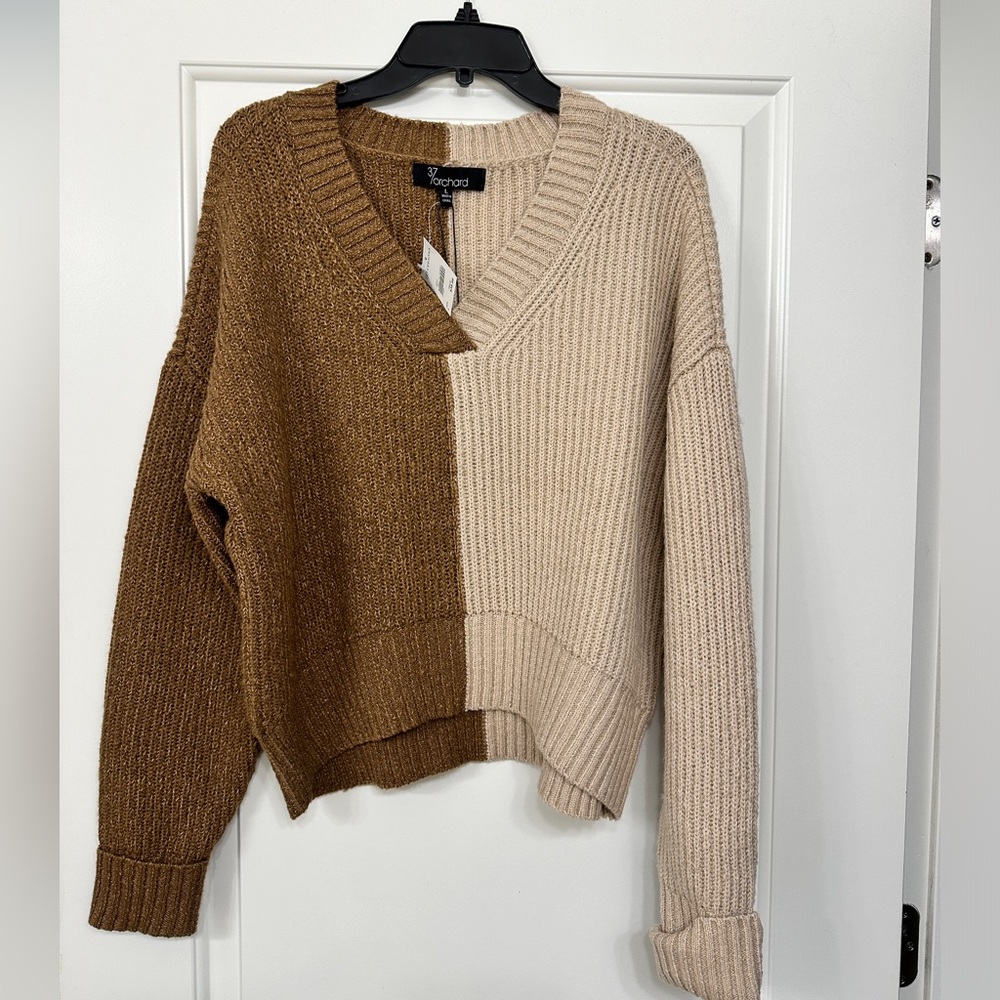 37 Orchard Color Block Brown V-Neck Sweater. Brand new, with tags. Size L.